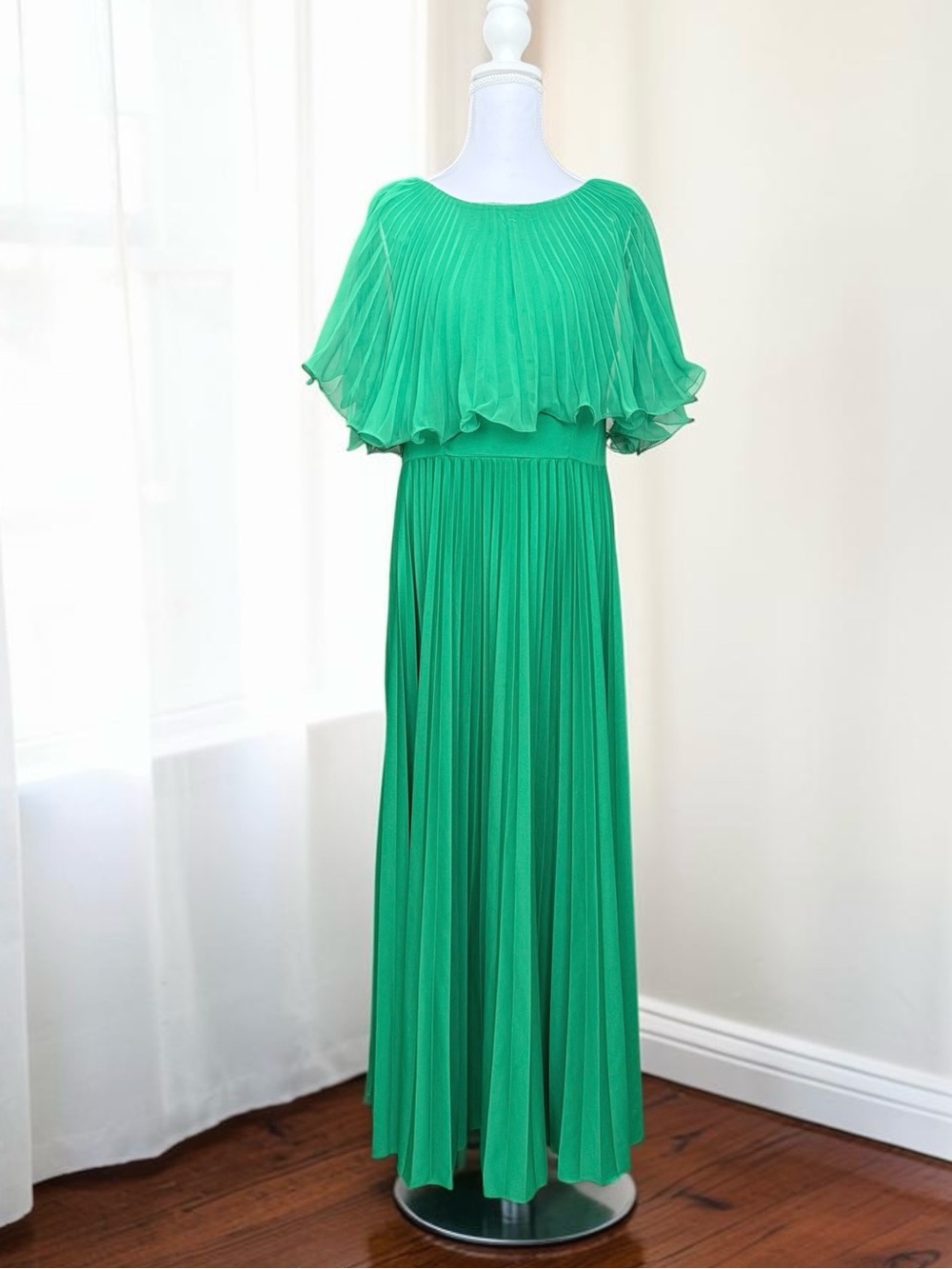 Vintage Chiffon Dress Pleated Maxi Gown Cape Like Sleeves Green M Medium L Large